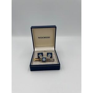 Wedgwood Cufflinks and Tie Clip‎ Set Blue Jasperware Ship Nautical Vintage